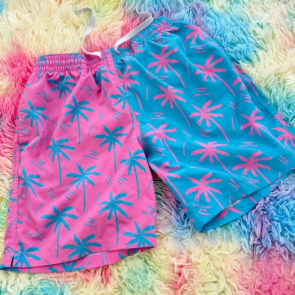 Chubbies Swim Trunks Mens Medium Pink Blue Palm Tree 7in Inseam Mesh Liner